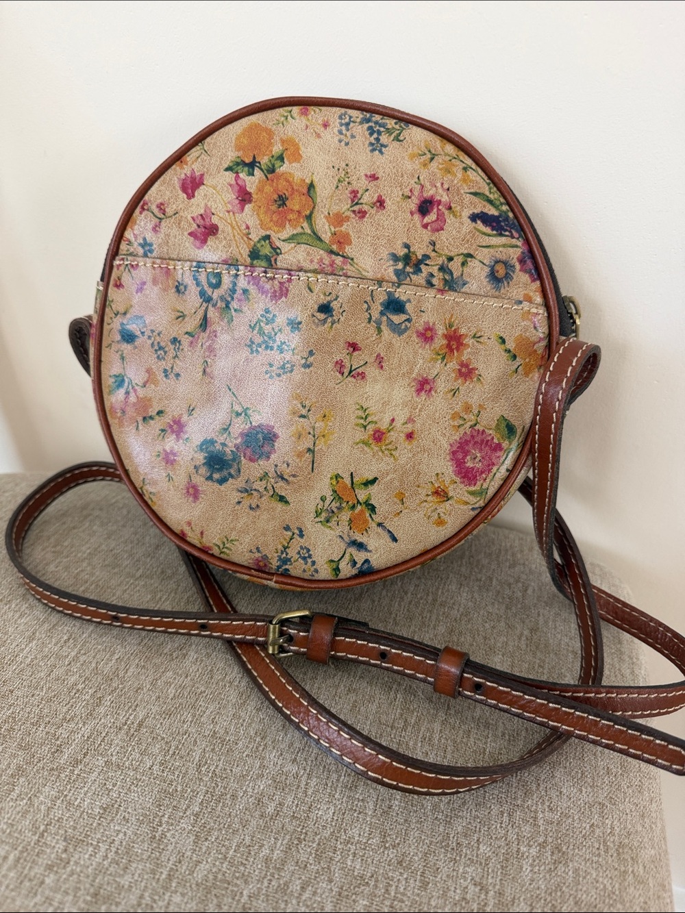 Patricia Nash Floral Small Round Crossbody with Brown Trim and Adjustable Strap